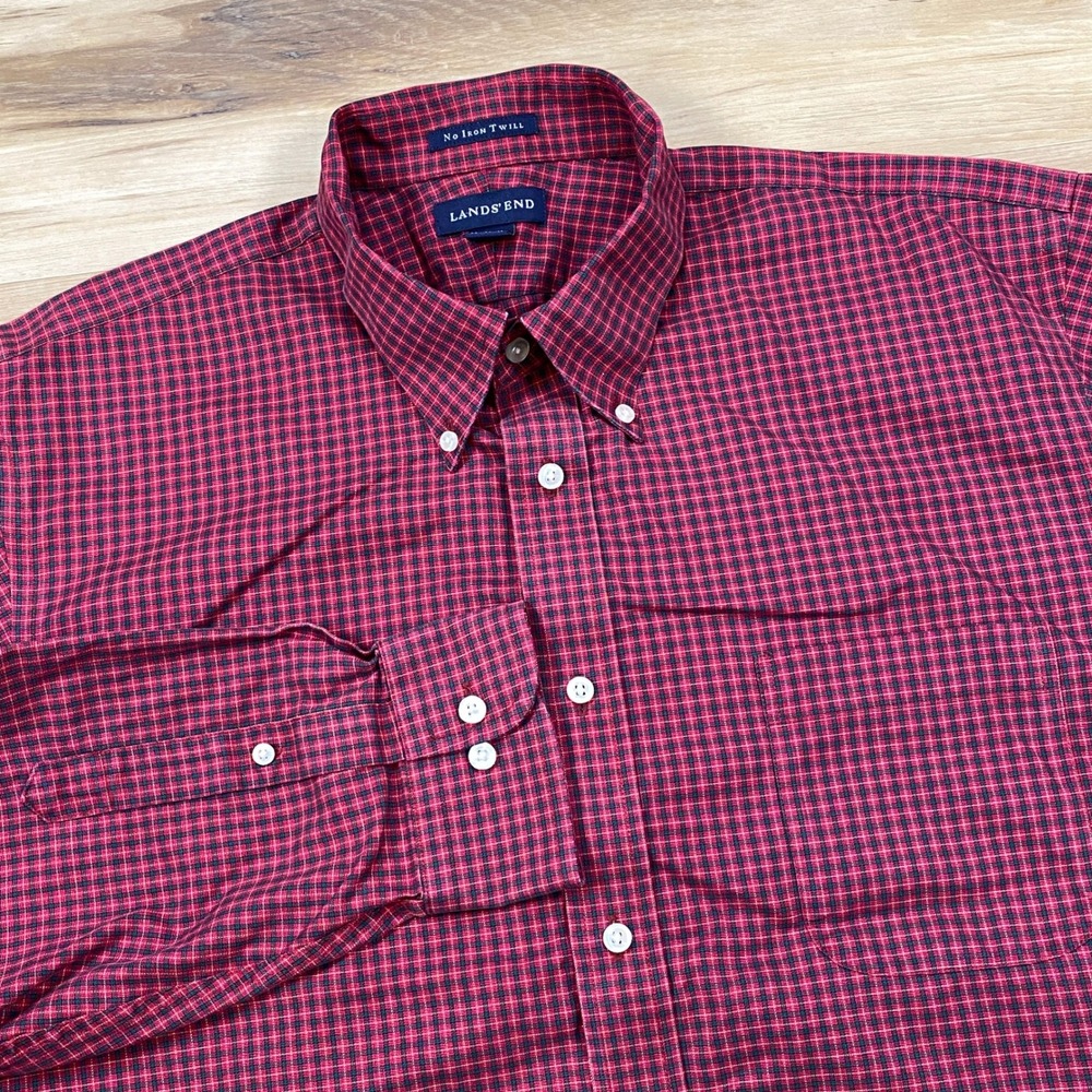 Lands End Button Down Men L 16-16.5 Heritage Cotton No Iron Twill Burgundy Check